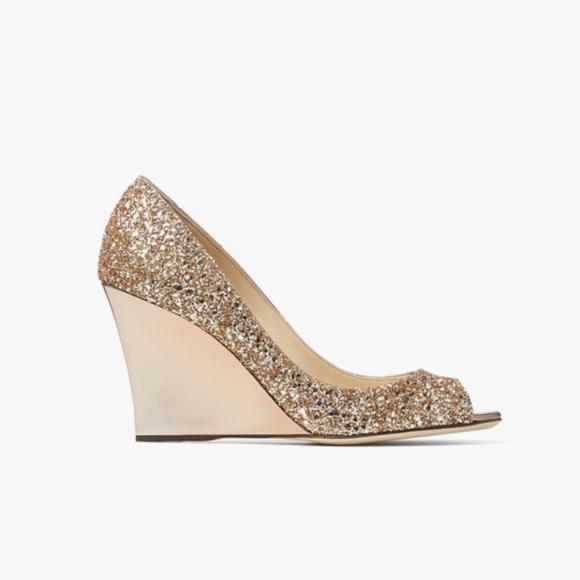 Jimmy  Choo Baxen Woven Metallic Peep Toe Wedge Heels Gold Glitter Size 38 - Picture 1 of 16